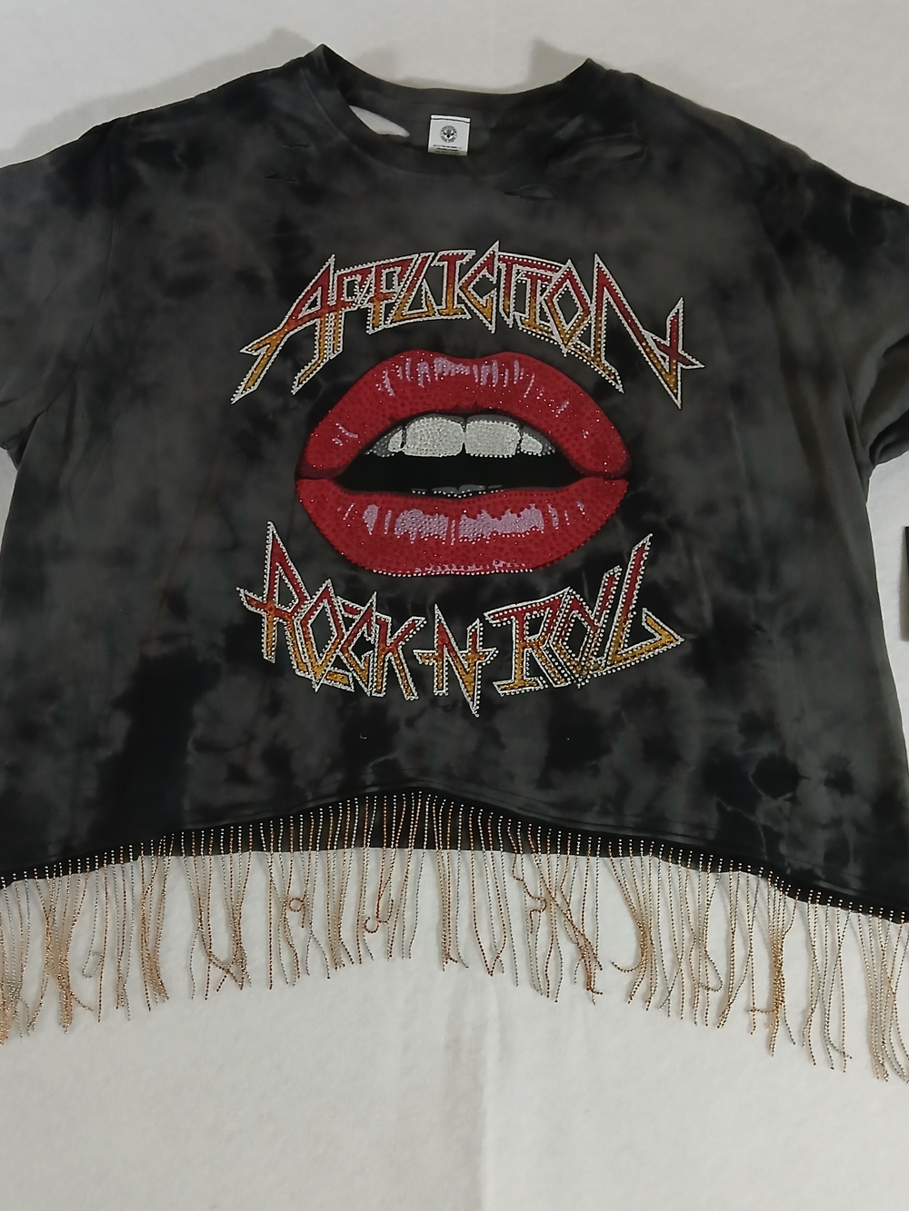 Affliction Black Tie-Dye Fringe Tee with Red Lip Graphic